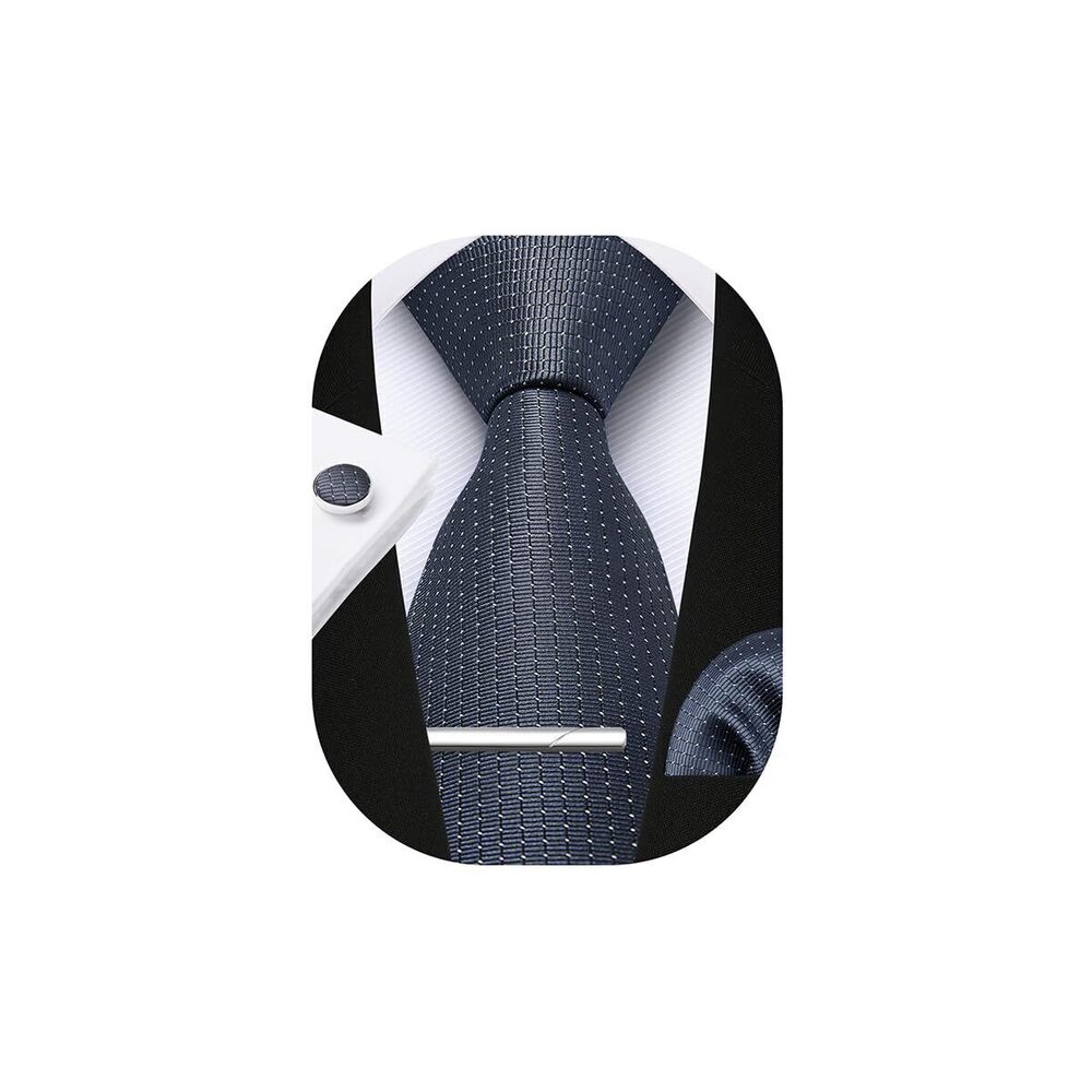 9078 Solid Black Tie Ploka Dots Ties Pocket Square Cufflinks Tie Clip Set